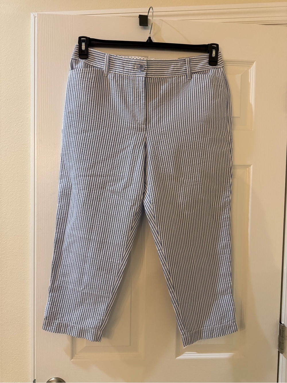 Talbots Blue and White Striped Seersucker Crop Pants - Picture 2 of 9